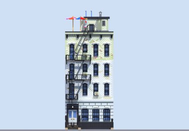 3D render düz izometrik blok binalar Infographic kavram kümesi. Özel şehir sokak Oluşturucu. Ev simgesini koleksiyonu. Bina cephe önden görünüm. Piksel sanat. Tipik New York bina, yangın merdivenleri