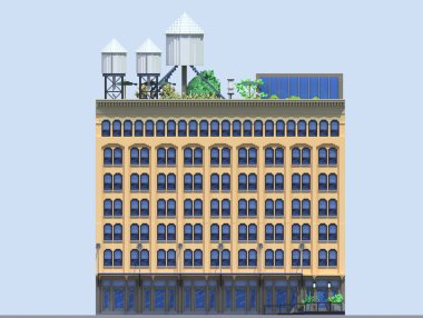 3D render düz izometrik blok binalar Infographic kavram kümesi. Özel şehir sokak Oluşturucu. Ev simgesini koleksiyonu. Bina cephe önden görünüm. Piksel sanat. Tipik New York bina