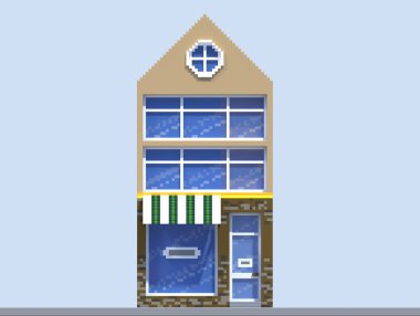 3D render düz izometrik blok binalar Infographic kavram kümesi. Özel şehir sokak Oluşturucu. Ev simgesini koleksiyonu. Bina cephe önden görünüm. Piksel sanat. Kahve tüm küçük mağaza alışveriş