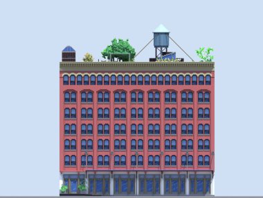 3D render düz izometrik blok binalar Infographic kavram kümesi. Özel şehir sokak Oluşturucu. Ev simgesini koleksiyonu. Bina cephe önden görünüm. Piksel sanat. Tipik New York bina