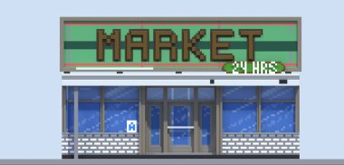 3D render düz izometrik blok binalar Infographic kavram kümesi. Özel şehir sokak Oluşturucu. Ev simgesini koleksiyonu. Bina cephe önden görünüm. Piksel sanat. Süper Market, bakkal