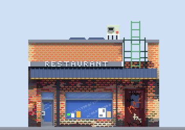 3D render düz izometrik blok binalar Infographic kavram kümesi. Özel şehir sokak Oluşturucu. Ev simgesini koleksiyonu. Bina cephe önden görünüm. Piksel sanat. Restoran
