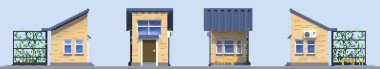 3D render düz izometrik blok binalar Infographic kavram kümesi. Özel şehir sokak Oluşturucu. Ev simgesini koleksiyonu. Bina cephe önden görünüm. Piksel sanat. Dört bir yanı. Yazlık