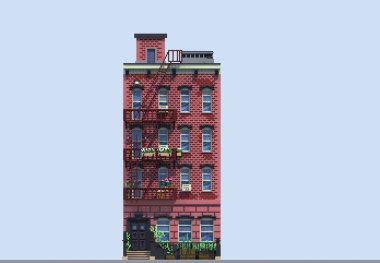 3D render düz izometrik blok binalar Infographic kavram kümesi. Özel şehir sokak Oluşturucu. Ev simgesini koleksiyonu. Bina cephe önden görünüm. Piksel sanat. Tipik New York bina, yangın merdivenleri