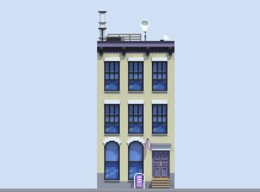 3D render düz izometrik blok binalar Infographic kavram kümesi. Özel şehir sokak Oluşturucu. Ev simgesini koleksiyonu. Bina cephe önden görünüm. Piksel sanat. Bir mağaza ile konut