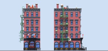 3D render düz izometrik blok binalar Infographic kavram kümesi. Özel şehir sokak Oluşturucu. Ev simgesini koleksiyonu. Bina cephe önden görünüm. Piksel sanat. İki yüzü gibi. Tipik New York bina