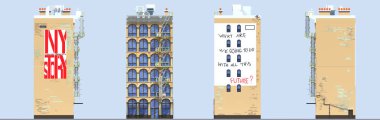 3D render düz izometrik blok binalar Infographic kavram kümesi. Özel şehir sokak Oluşturucu. Ev simgesini koleksiyonu. Bina cephe önden görünüm. Piksel sanat. Dört bir yanı. Tipik New York bina