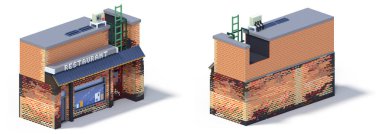 3D render düz izometrik blok binalar Infographic kavram kümesi. Özel şehir harita Oluşturucusu. Gölge beyaz zemin üzerine izole. Ev simgesini koleksiyonu. Piksel sanat. Restoran