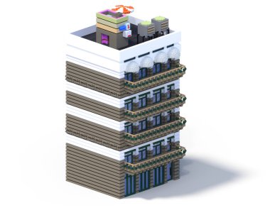 3D render düz izometrik blok binalar Infographic kavram kümesi. Özel şehir harita Oluşturucusu. Gölge beyaz zemin üzerine izole. Ev simgesini koleksiyonu. Piksel sanat. Residence