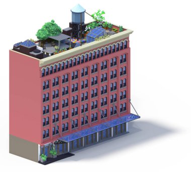 3D render düz izometrik blok binalar Infographic kavram kümesi. Özel şehir harita Oluşturucusu. Gölge beyaz zemin üzerine izole. Ev simgesini koleksiyonu. Piksel sanat. Tipik New York bina