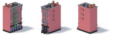 3D render düz izometrik blok binalar Infographic kavram kümesi. Özel şehir harita Oluşturucusu. Gölge beyaz zemin üzerine izole. Ev simgesini koleksiyonu. Piksel sanat. Tipik New York bina