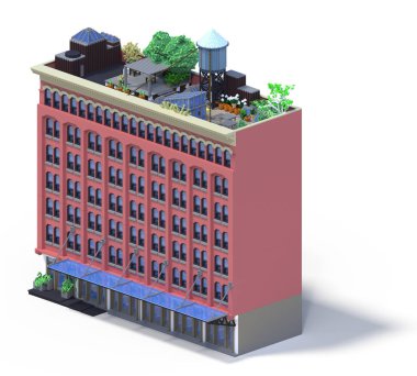 3D render düz izometrik blok binalar Infographic kavram kümesi. Özel şehir harita Oluşturucusu. Gölge beyaz zemin üzerine izole. Ev simgesini koleksiyonu. Piksel sanat. Tipik New York bina