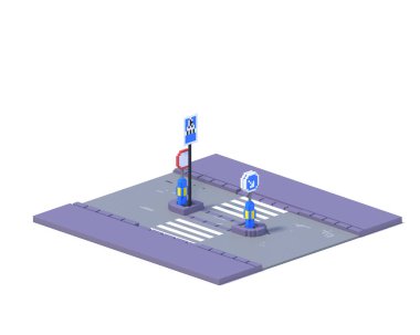 3D render düz izometrik blok binalar Infographic kavram kümesi. Özel şehir harita Oluşturucusu. Gölge beyaz zemin üzerine izole. Yol simgesi toplama. Piksel sanat. Yaya sığınak Adası 