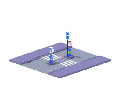 3D render düz izometrik blok binalar Infographic kavram kümesi. Özel şehir harita Oluşturucusu. Gölge beyaz zemin üzerine izole. Yol simgesi toplama. Piksel sanat. Yaya sığınak Adası 