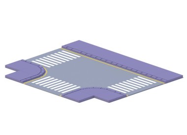 3D render düz izometrik blok binalar Infographic kavram kümesi. Özel şehir harita Oluşturucusu. Gölge beyaz zemin üzerine izole. Yol simgesi toplama. Piksel sanat. T Kavşağı, crosswalks