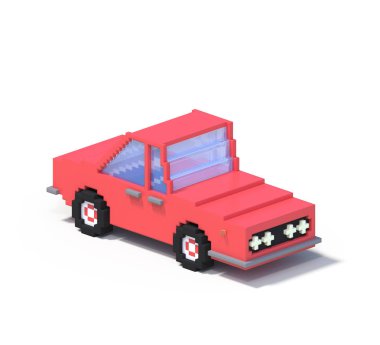 3D render düz izometrik blok araba Infographic kavram kümesi. Özel şehir harita Oluşturucusu. Gölge beyaz zemin üzerine izole. Otomatik simgesi toplama. Piksel sanat. Kırmızı araç