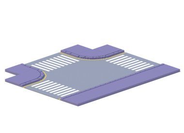 3D render düz izometrik blok binalar Infographic kavram kümesi. Özel şehir harita Oluşturucusu. Gölge beyaz zemin üzerine izole. Yol simgesi toplama. Piksel sanat. T Kavşağı, crosswalks