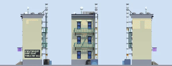 3d rendering set of flat isometric block buildings infographic concept. Custom city street builder. House icon collection. Building facade front view. Pixel art. Three sides. Housing with a store