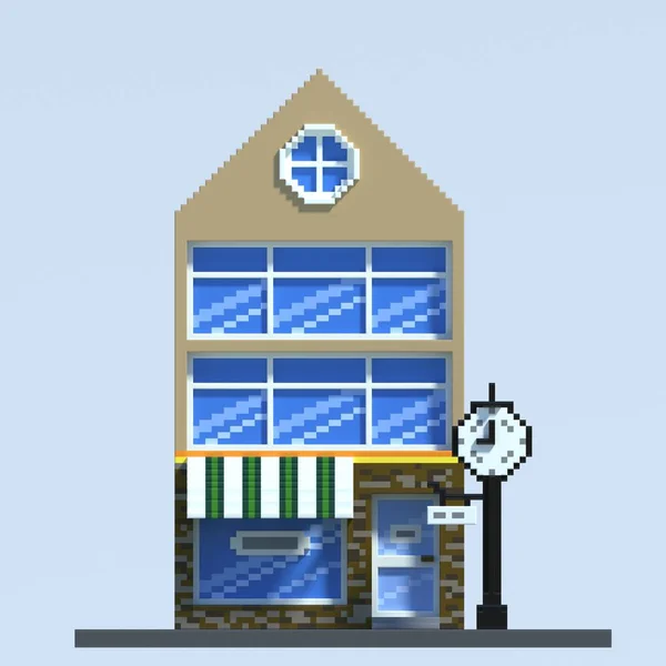 Rendering Pixel Art Cafe Edificio Strada Isometrica Isolato Sfondo Blu — Foto Stock