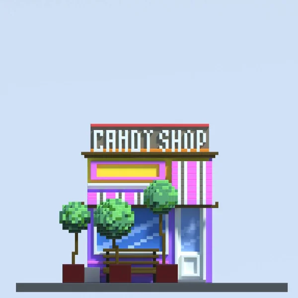 Vykreslování Pixel Umění Candy Shop Budovy Izometrické Ulice Izolované Modrém — Stock fotografie