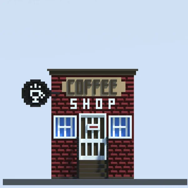 Vykreslování Pixel Art Coffee Shop Budova Izometrické Ulice Izolované Modrém — Stock fotografie