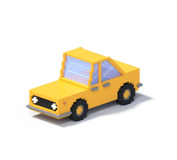 3d rendering set of flat isometric block car infographic concept. Custom city map builder. Isolated on white background with shadow. Auto icon collection. Pixel art. Yellow vehicle