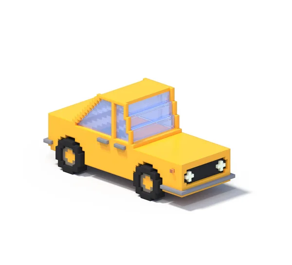 3d rendering set of flat isometric block car infographic concept. Custom city map builder. Isolated on white background with shadow. Auto icon collection. Pixel art. Yellow vehicle