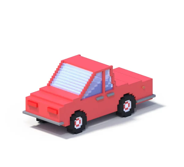 3d rendering set of flat isometric block car infographic concept. Custom city map builder. Isolated on white background with shadow. Auto icon collection. Pixel art. Red vehicle