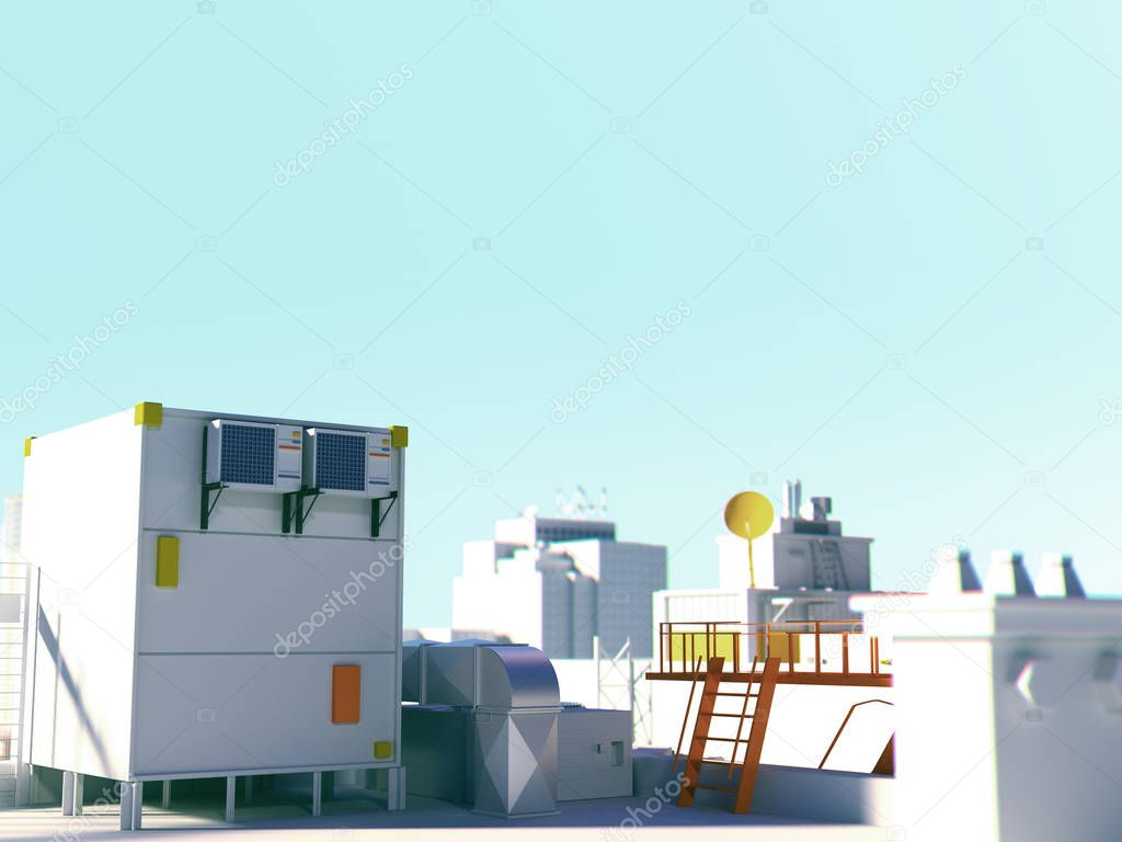 3d rendering rooftops of concrete modern buildings. White bleached by sun landscape with clean blue sky. Empty area and city view. Down town concept background