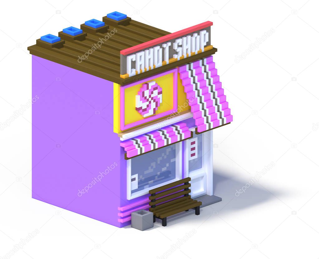 3d rendering set of flat isometric block buildings infographic concept. Custom city map builder. Isolated on white background with shadow. House icon collection. Pixel art. Candy shop