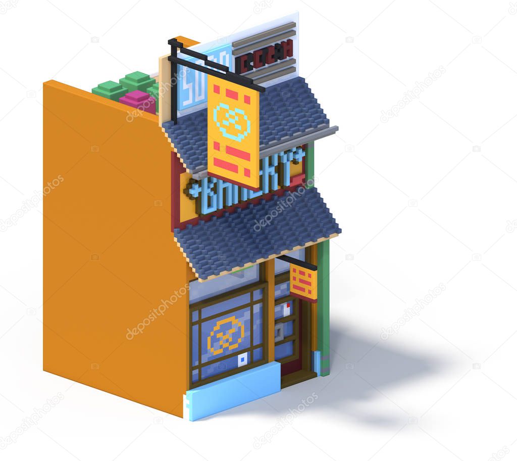 3d rendering set of flat isometric block buildings infographic concept. Custom city map builder. Isolated on white background with shadow. House icon collection. Pixel art. Bakery shop