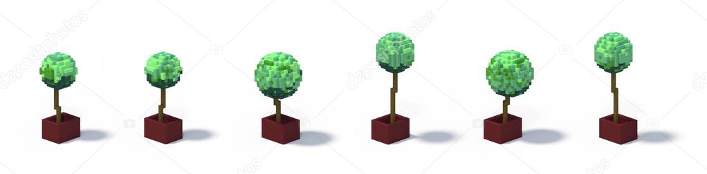 3d rendering set of flat isometric block buildings infographic concept. Custom city map builder. Isolated on white background with shadow. House icon collection. Pixel art.Trees in pots