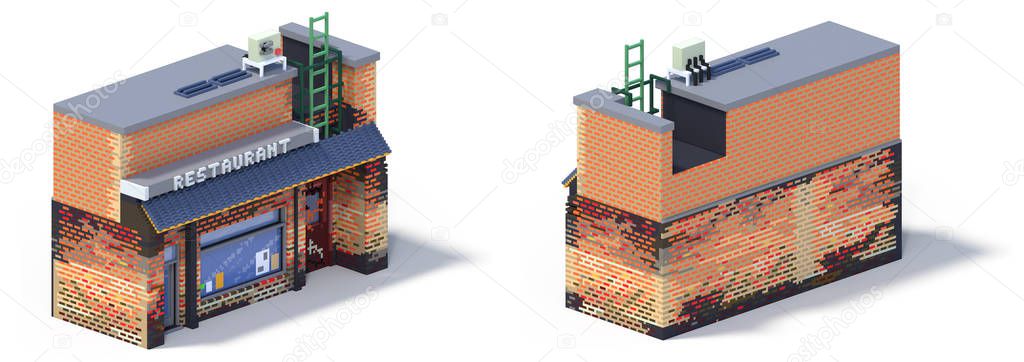 3d rendering set of flat isometric block buildings infographic concept. Custom city map builder. Isolated on white background with shadow. House icon collection. Pixel art. Restaurant