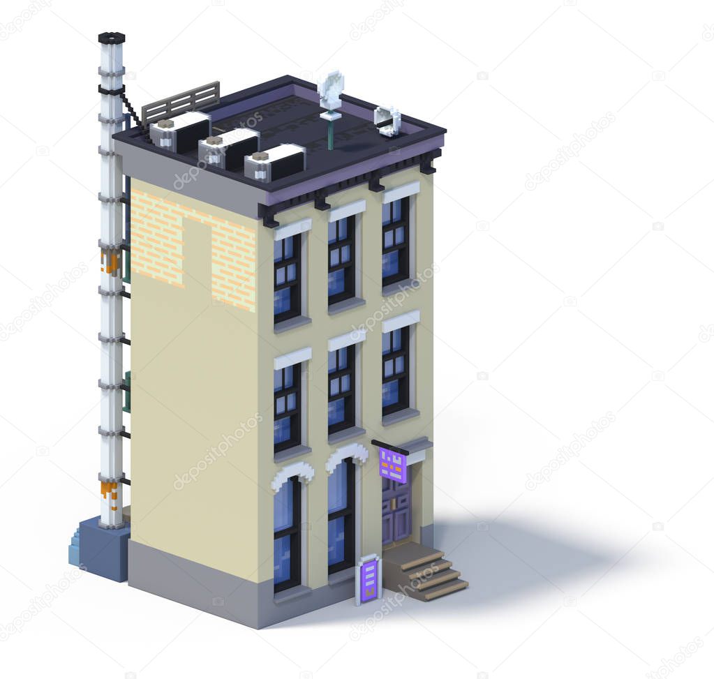 3d rendering set of flat isometric block buildings infographic concept. Custom city map builder. Isolated on white background with shadow. House icon collection. Pixel art. Housing with a store