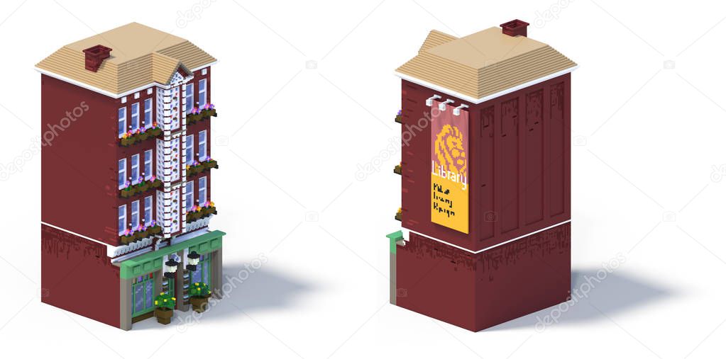 3d rendering set of flat isometric block buildings infographic concept. Custom city map builder. Isolated on white background with shadow. House icon collection. Pixel art. Public library