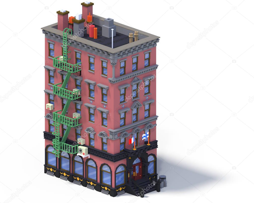 3d rendering set of flat isometric block buildings infographic concept. Custom city map builder. Isolated on white background with shadow. House icon collection. Pixel art. Typical New York building