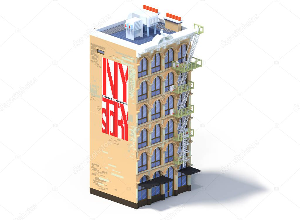 3d rendering set of flat isometric block buildings infographic concept. Custom city map builder. Isolated on white background with shadow. House icon collection. Pixel art. Typical New York building