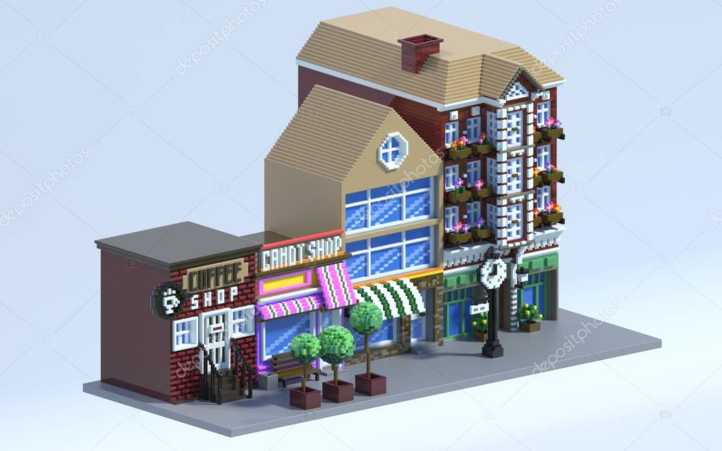 3d rendering pixel art buildings. Isometric street. Isolated on blue  background. Side view. 
