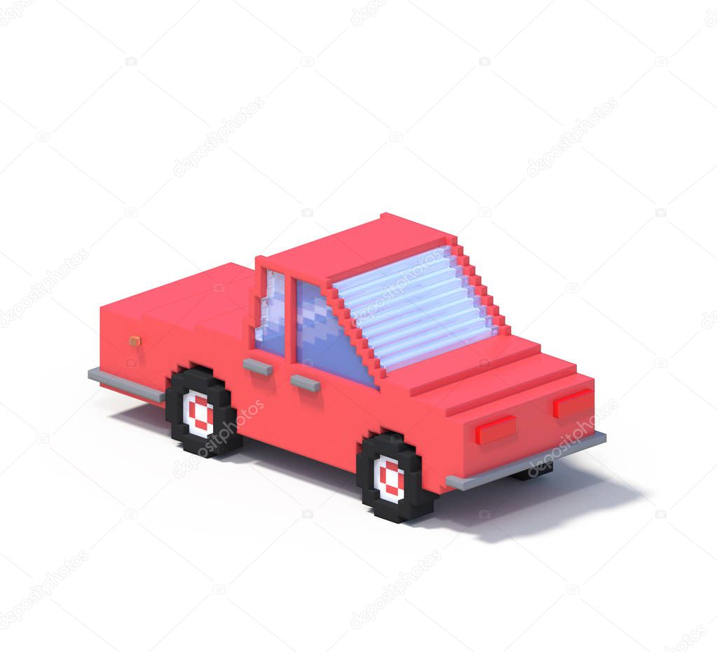 3d rendering set of flat isometric block car infographic concept. Custom city map builder. Isolated on white background with shadow. Auto icon collection. Pixel art. Red vehicle