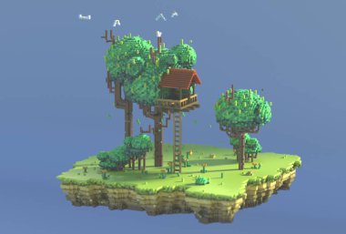 3D render piksel sanat. Doğa sahne zemin, çim, çalılar, çiçek ve küçük ağaç evi. Oyun arka plan. İzometrik yaz çim. Görüş açısı