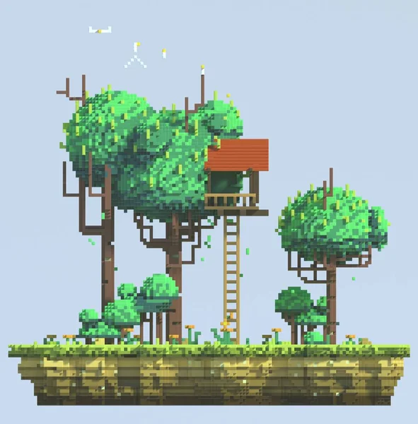 Renderizado Pixel Art Escena Naturaleza Con Tierra Hierba Arbustos Flores —  Fotos de Stock