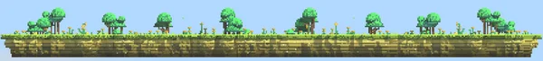 3d rendering pixel art. level design side cross section view. Nature scene with ground, grass, bushes, trees, flowers. Game background