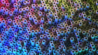 3D rendering abstract underwater corals. Cylinders randomly scattering on terraine. Modern generative illustration. Neon vivid colors. Graph array of data. Perspective view angle