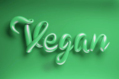 3D işleme özel hat parlak kelime Vegan izole yeşil zemin üzerine fırça. Parlak tipografi yansıma ile. El yapımı harflerle ifade. Yumuşak gölge. Vejetaryen Gıda için kavram