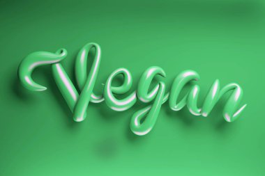 3D işleme özel hat parlak kelime Vegan izole yeşil zemin üzerine fırça. Parlak tipografi yansıma ile. El yapımı harflerle ifade. Yumuşak gölge. Vejetaryen Gıda için kavram