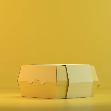 Kağıt kapsayıcı işleme. 3D tasarım mockup. Tüm nesneleri ve arka plan bir parlak renkte boyanmış. Tam tek renkli resimde. Toplam sarı renk.