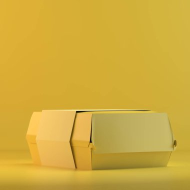 Kağıt kapsayıcı işleme. 3D tasarım mockup. Tüm nesneleri ve arka plan bir parlak renkte boyanmış. Tam tek renkli resimde. Toplam sarı renk.