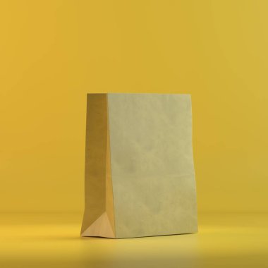 Geri dönüşüm kağıt torba oluşturma. 3D tasarım mockup. Tüm nesneleri ve arka plan bir parlak renkte boyanmış. Tam tek renkli resimde. Toplam sarı renk.