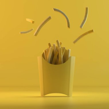 Patates kızartması ve karton konteyner uçan dilim oluşturma. 3D tasarım mockup. Tüm nesneleri ve arka plan bir parlak renkte boyanmış. Tam tek renkli resimde. Toplam sarı renk.
