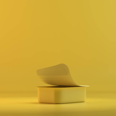 Plastik almak uzakta sos kabının işleme. 3D tasarım mockup. Tüm nesneleri ve arka plan bir parlak renkte boyanmış. Tam tek renkli resimde. Toplam sarı renk.